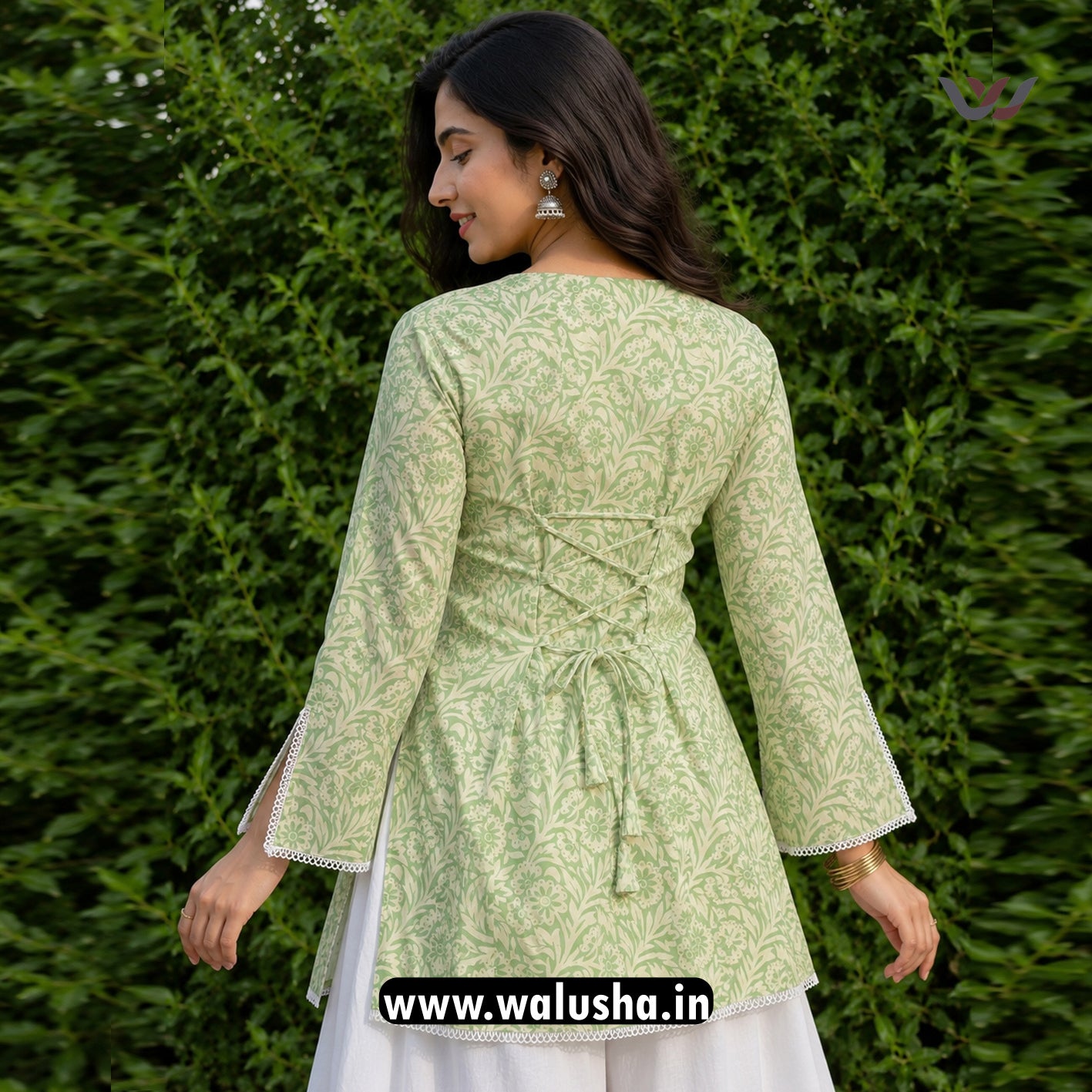 Sage Green Floral Printed Corset Back Short Kurti