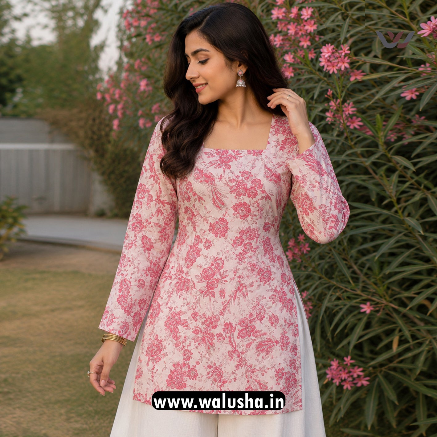 Pink Floral Printed Corset Back Short Kurti