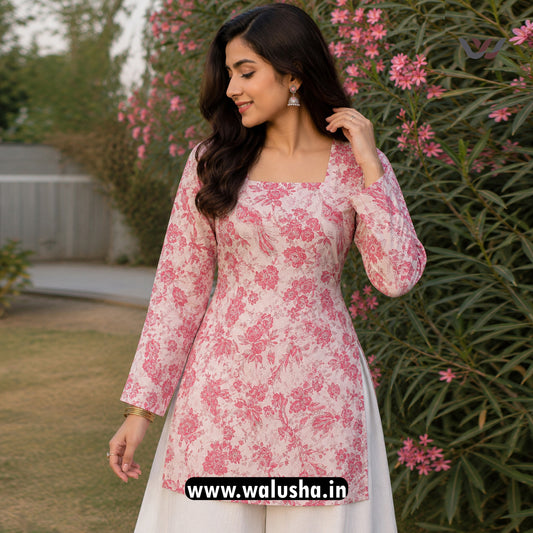 Pink Floral Printed Corset Back Short Kurti