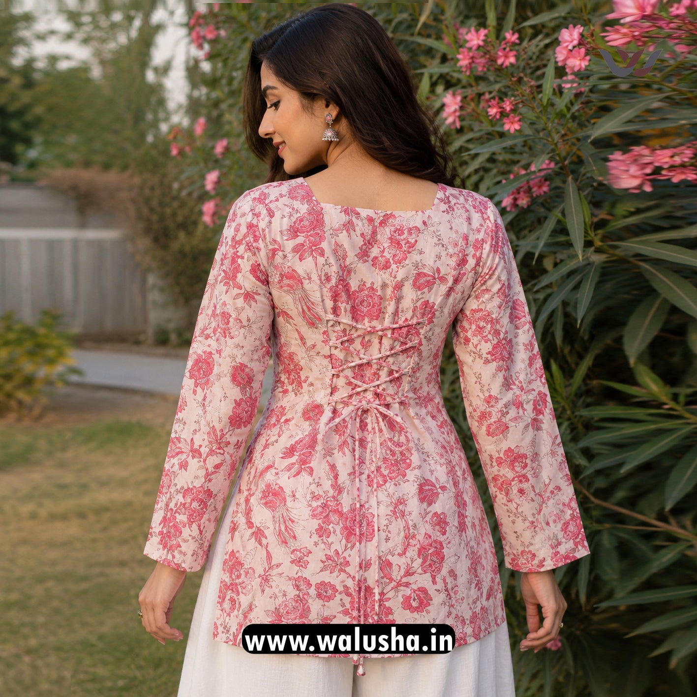 Pink Floral Printed Corset Back Short Kurti