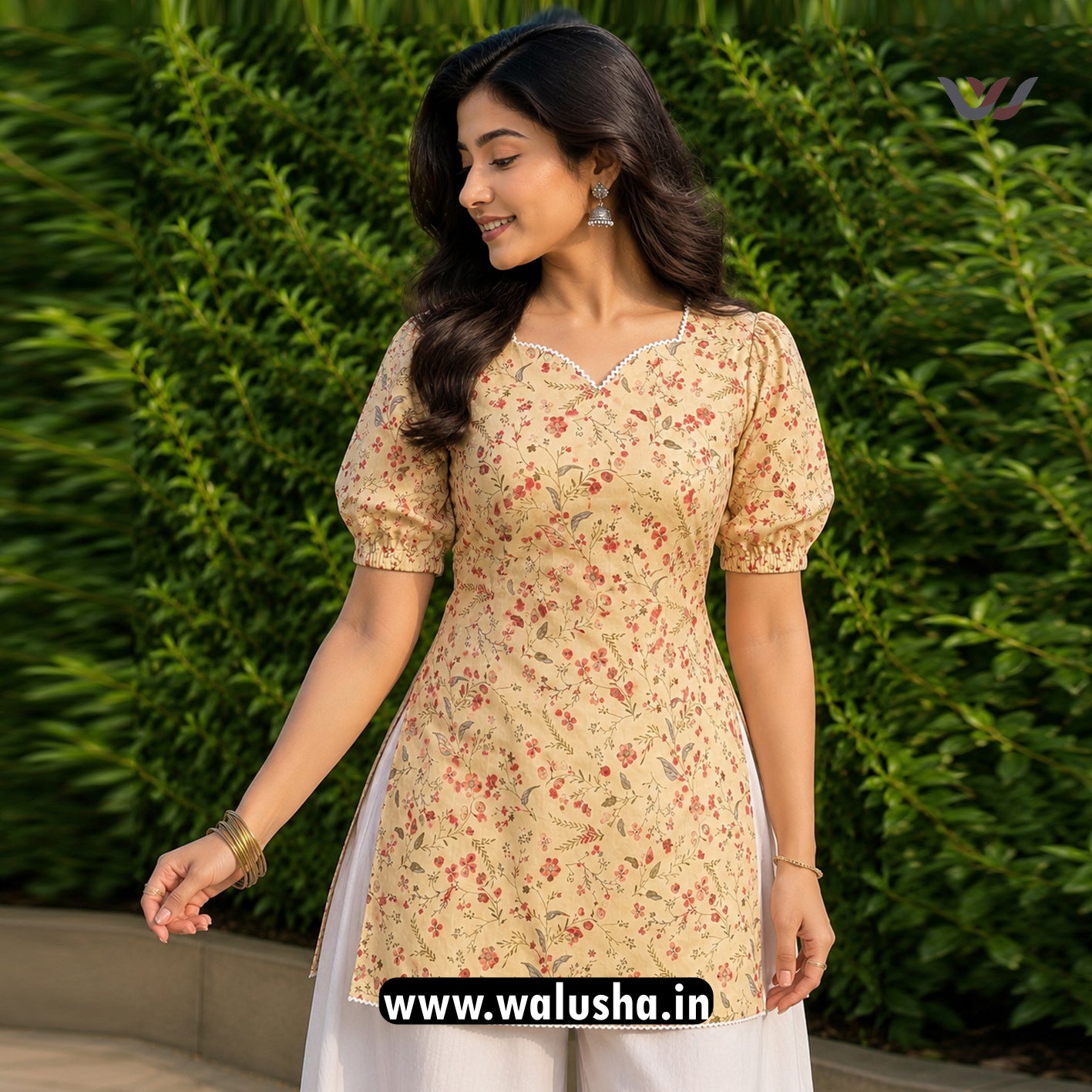 Beige Floral Printed Corset Back Short Kurti
