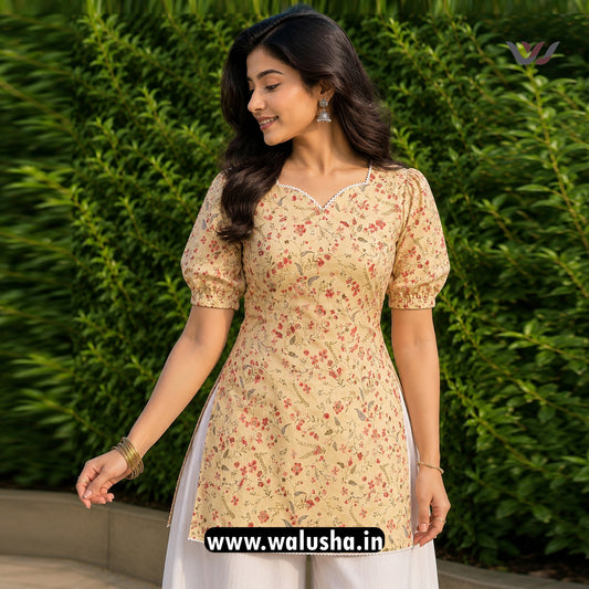Beige Floral Printed Corset Back Short Kurti