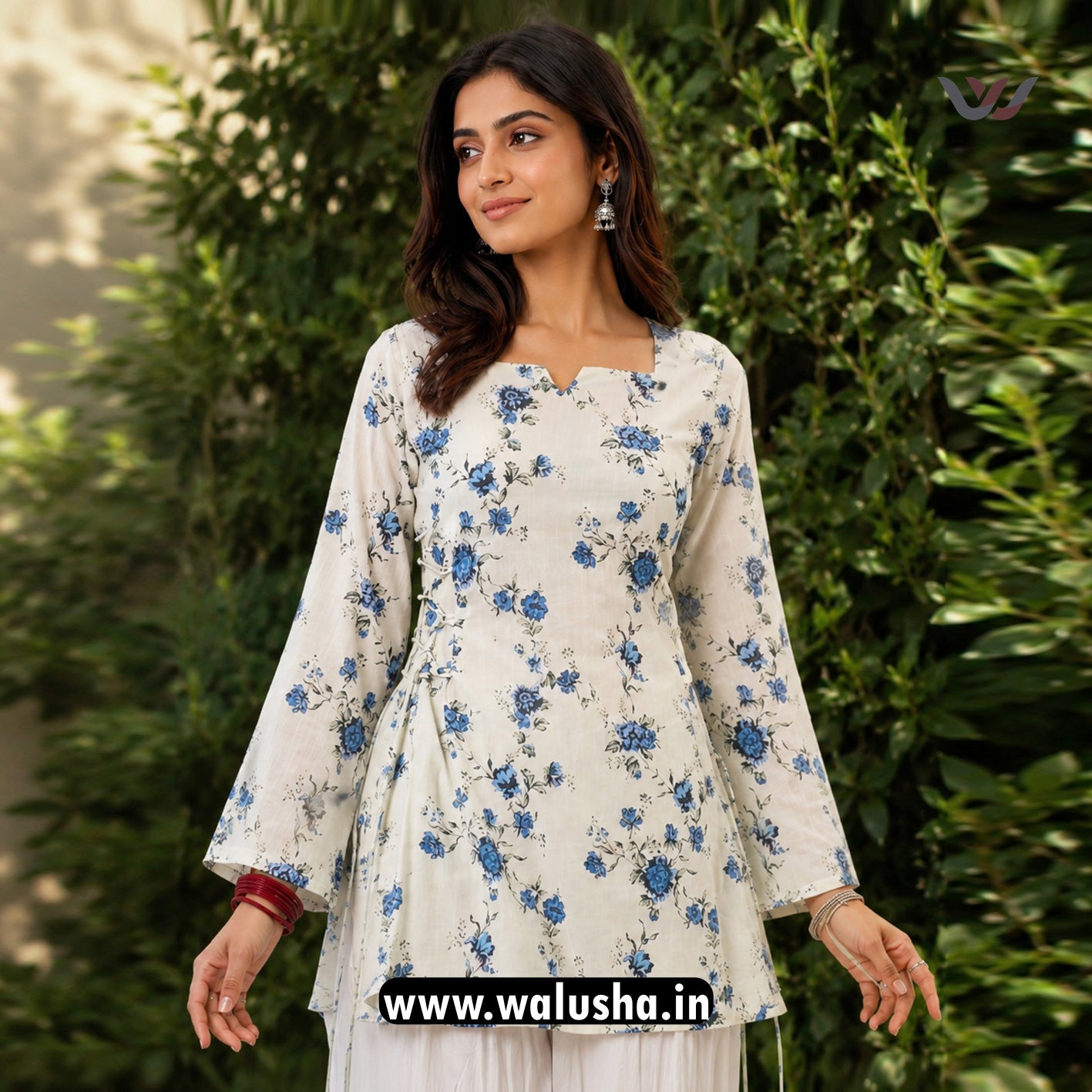 White And Blue Floral Printed Corset Short Kurti