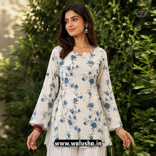 White And Blue Floral Printed Corset Short Kurti