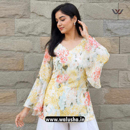 Pastel Yellow Floral Printed Corset Back Short Kurti