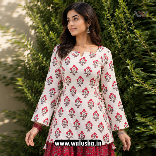 White And Red Floral Printed Corset Short Kurti