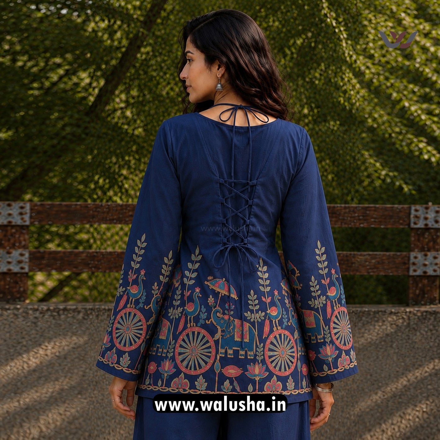 Navy Blue Kalamkari Printed Corset Back Short Kurti