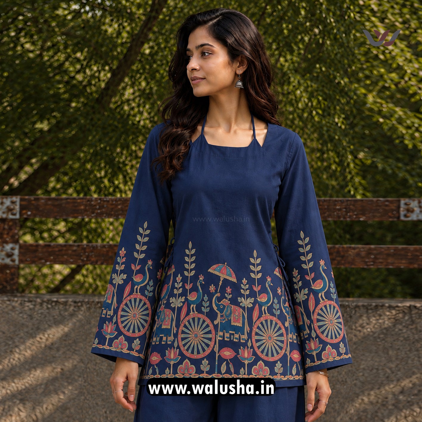 Navy Blue Kalamkari Printed Corset Back Short Kurti