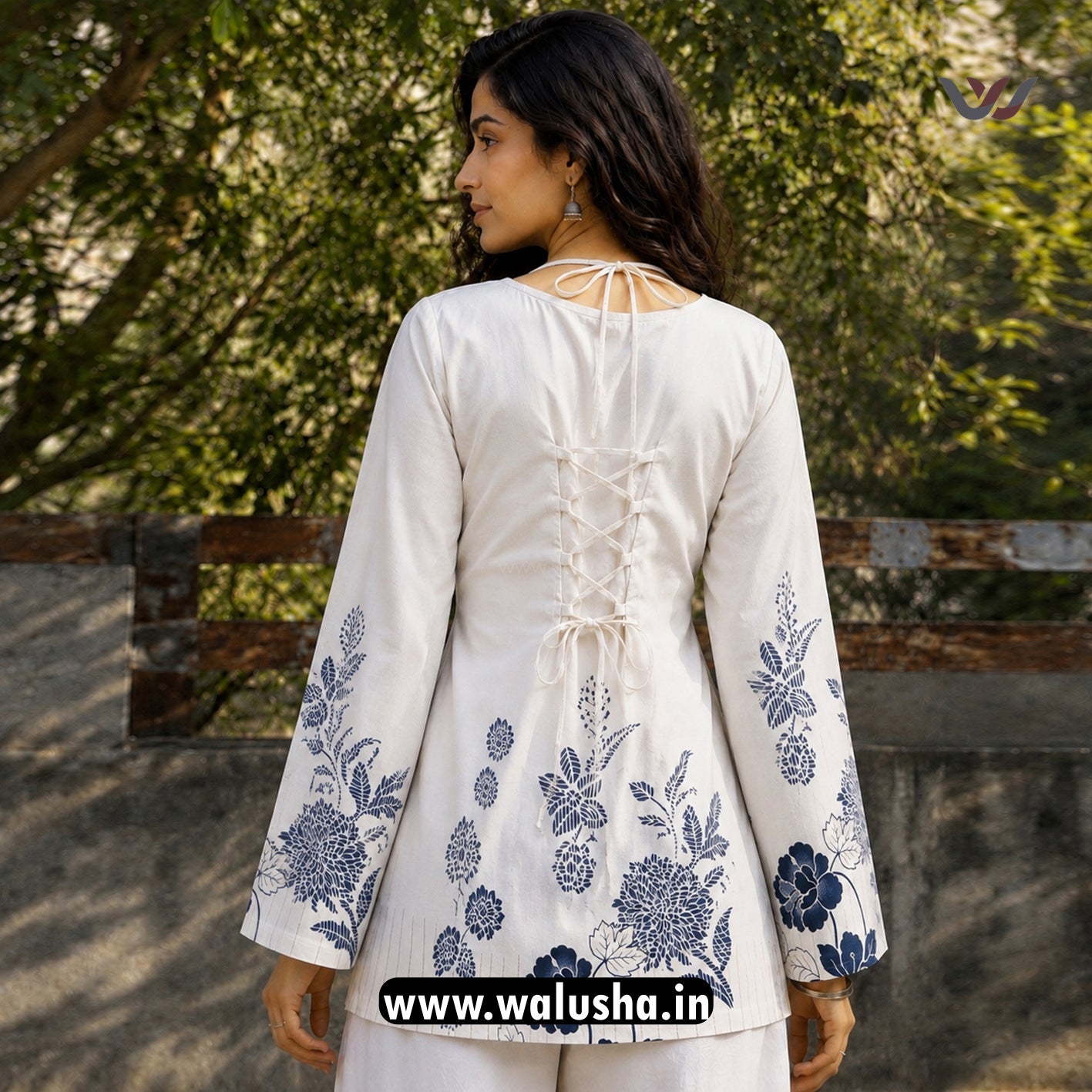 White And Blue Floral Printed Corset Back Short Kurti