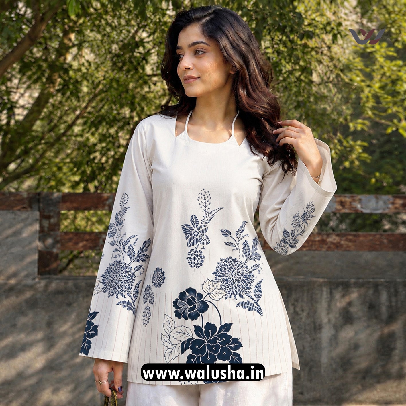 White And Blue Floral Printed Corset Back Short Kurti