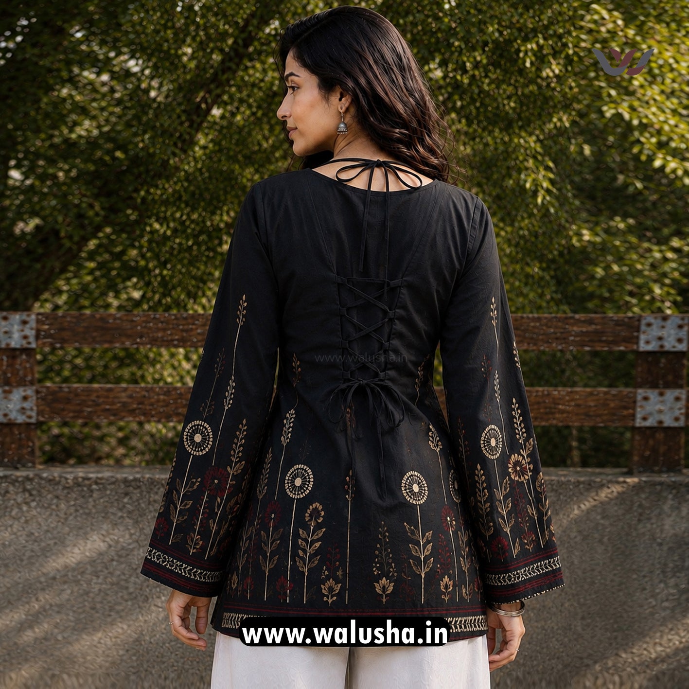 Midnight Black Floral Printed Corset Back Short Kurti