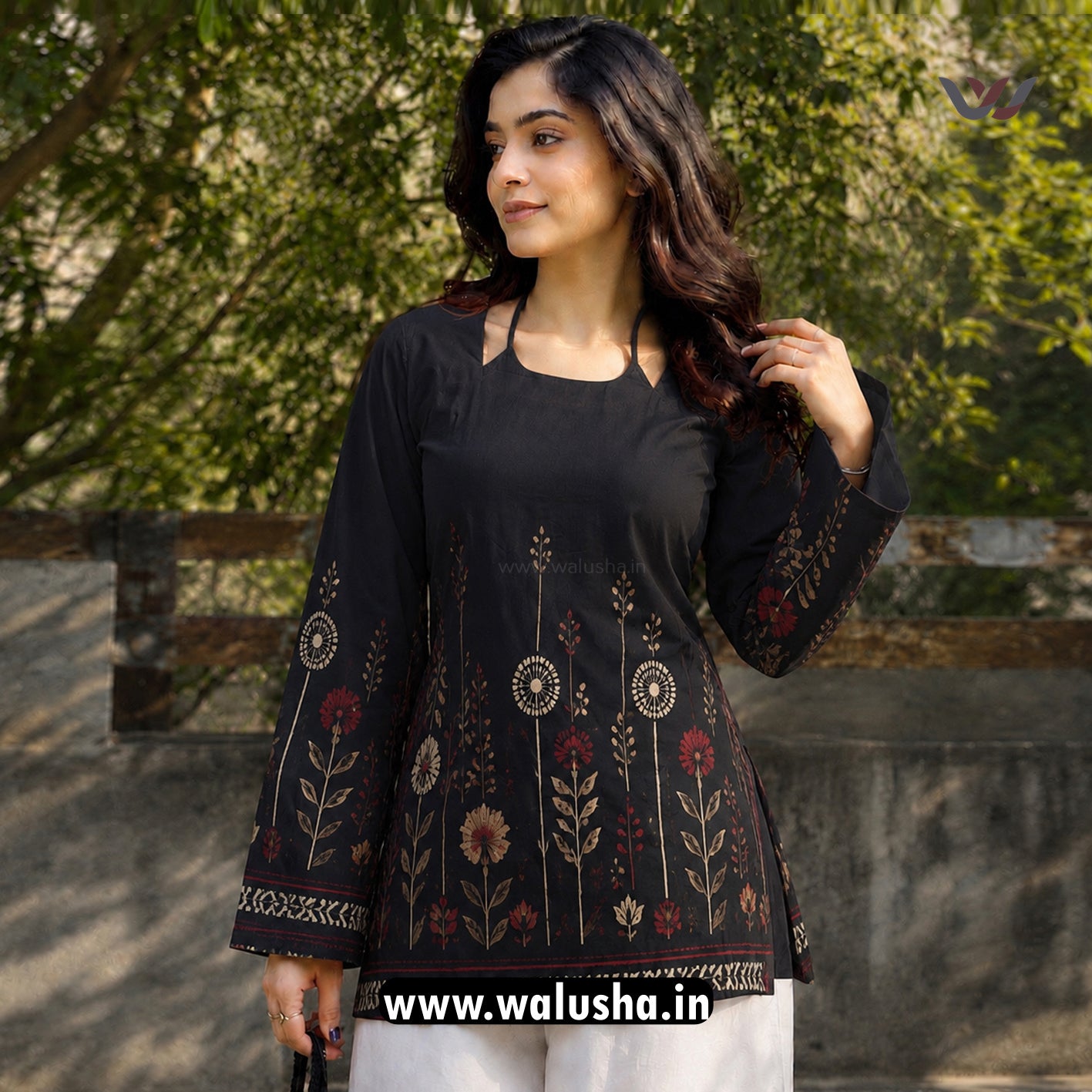 Midnight Black Floral Printed Corset Back Short Kurti
