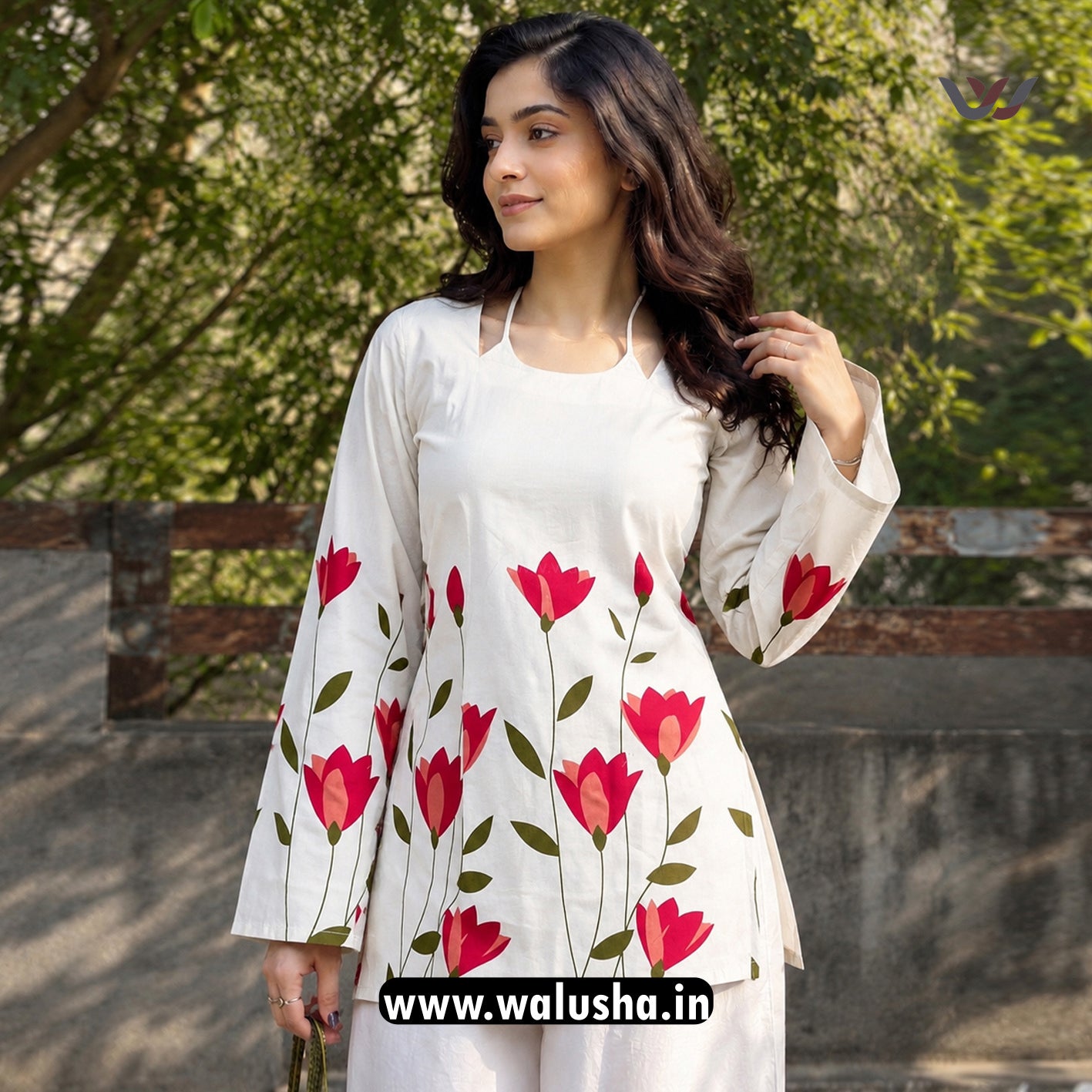 White And Red Floral Printed Corset Back Short Kurti