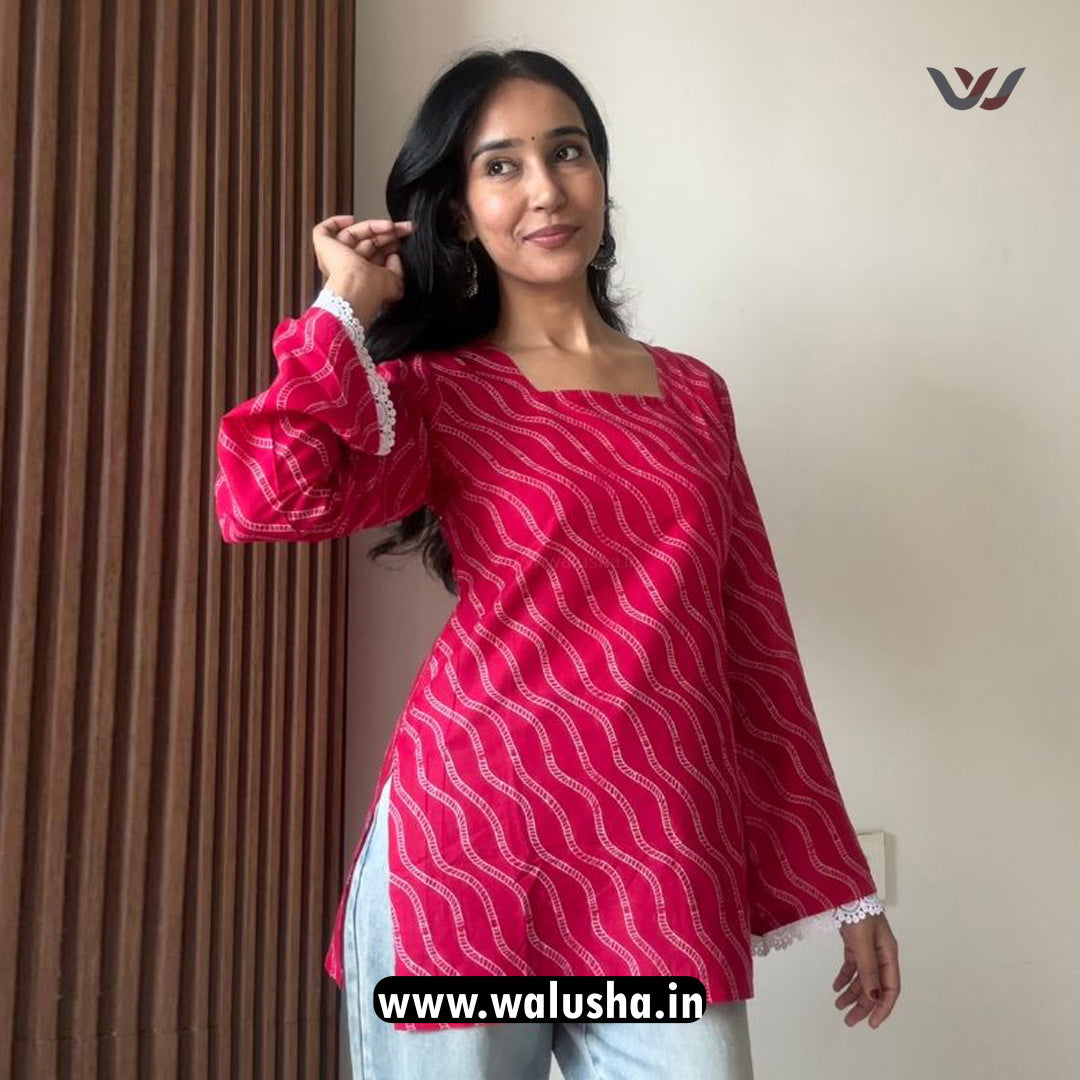 Pink Chic Wave Pattern Bell Sleeve Short Kurti