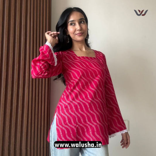 Pink Chic Wave Pattern Bell Sleeve Short Kurti