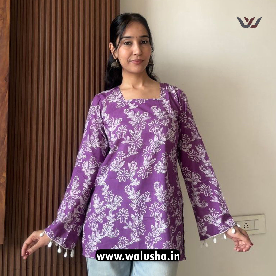 Purple Floral Printed Bell Sleeves Short Kurti