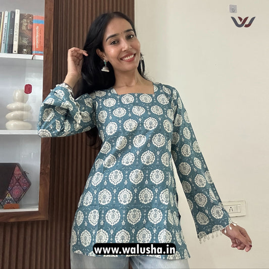 Teal Green Ethnic Printed Bell Sleeve Short Kurti