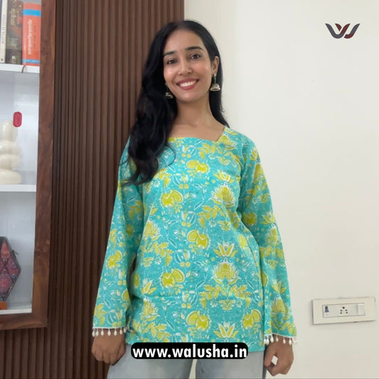 Aqua Blue Floral Printed Bell Sleeve Short Kurti
