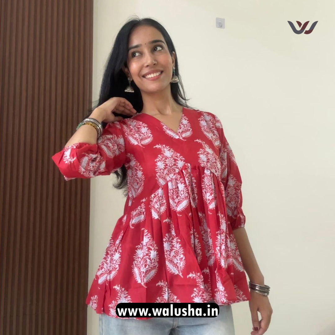 Elegant Red And White Floral Printed Short Kurti