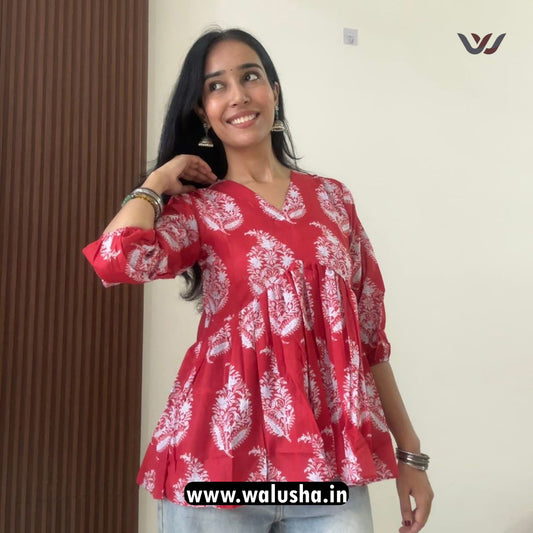 Elegant Red And White Floral Printed Short Kurti