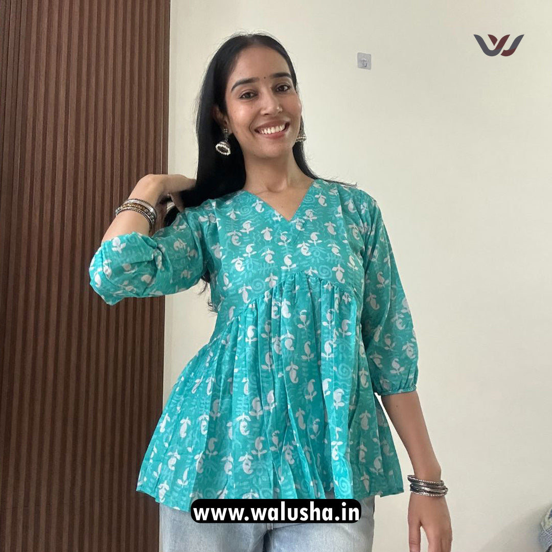 Sky Blue Floral Printed Short Kurti