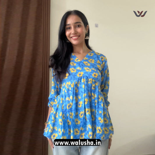 Blue And Yellow Floral Printed Short Kurti