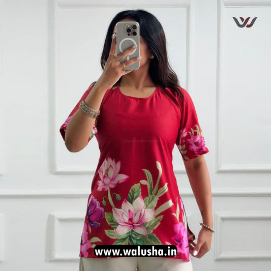 Crimson Lotus Bloom Printed Corset Back Short Kurti