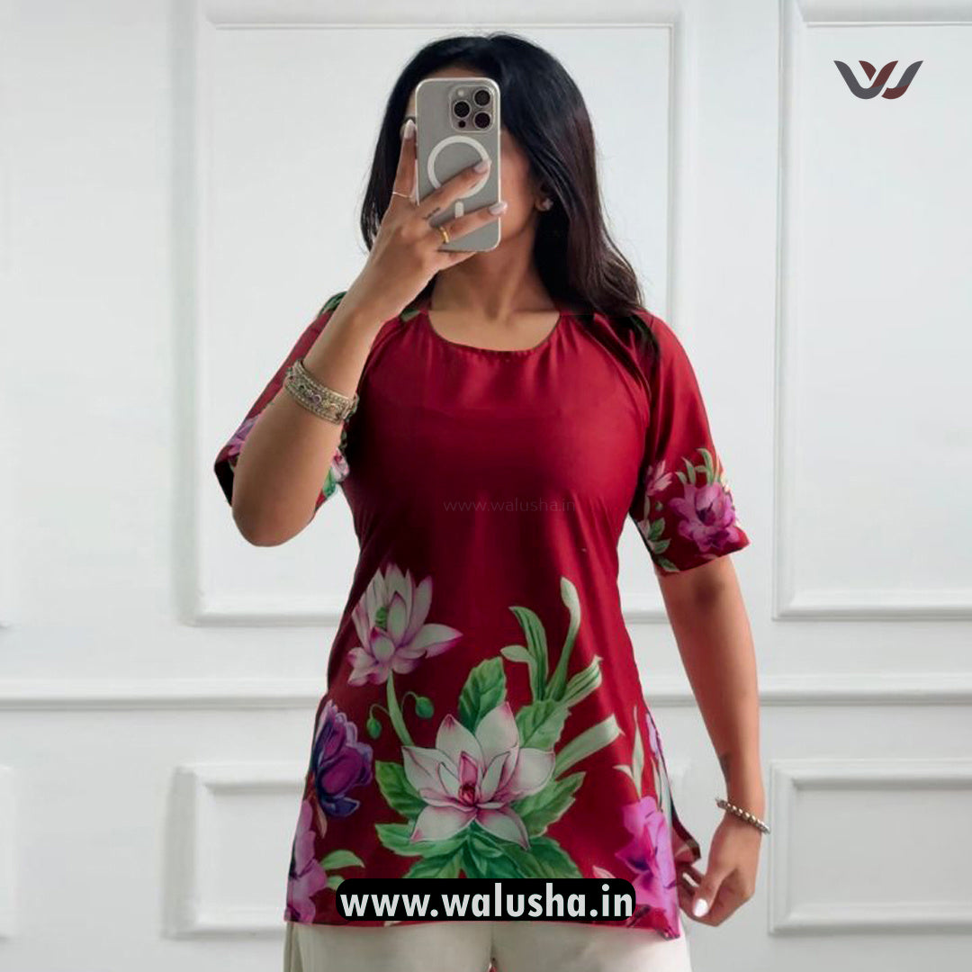 Maroon Lotus Bloom Printed Corset Back Short Kurti