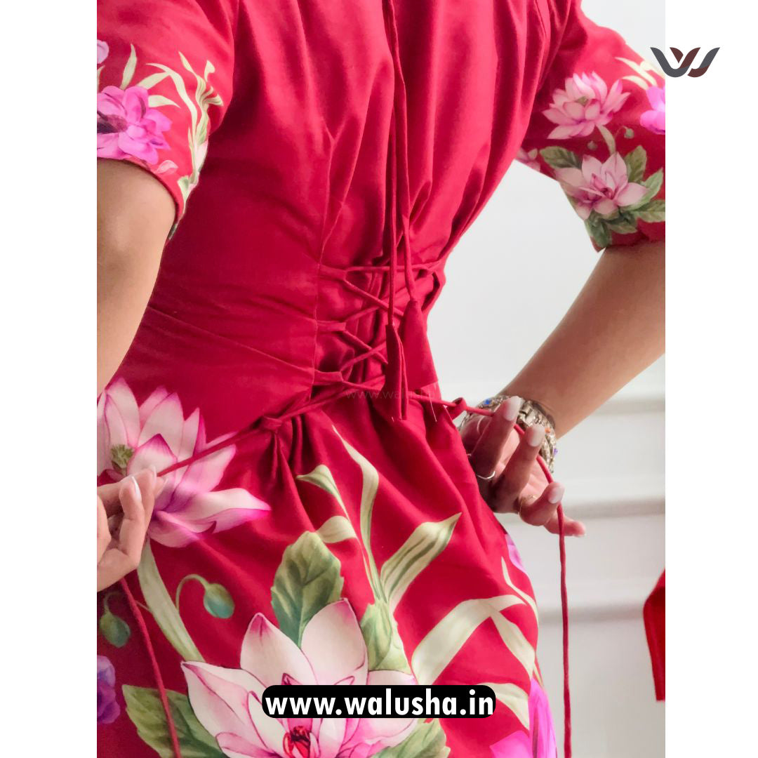Crimson Lotus Bloom Printed Corset Back Short Kurti