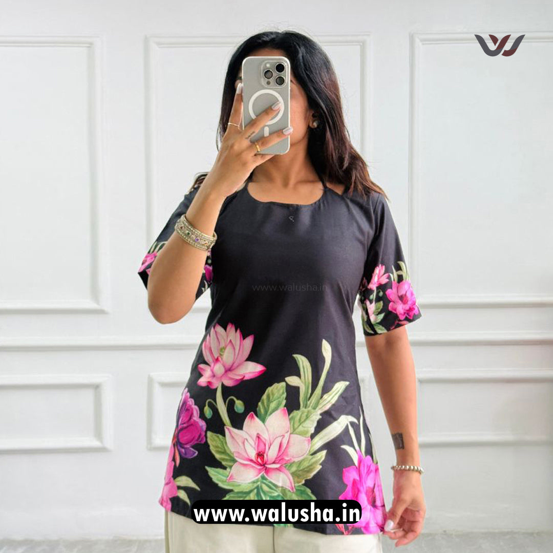 Midnight Lotus Bloom Printed Corset Back Short Kurti