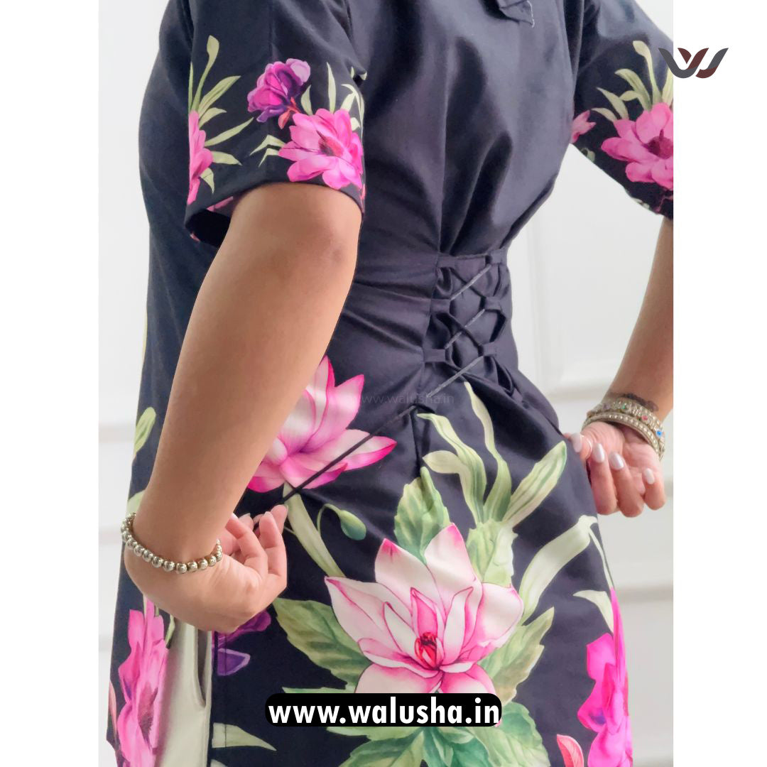 Midnight Lotus Bloom Printed Corset Back Short Kurti