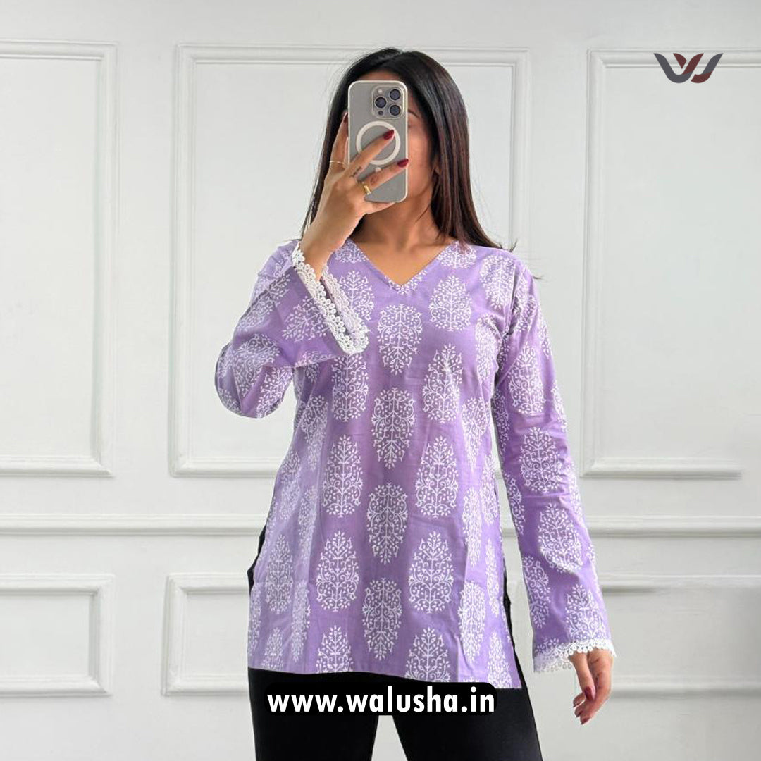 Lavender Hand Block Printed Pure Cotton Short Kurti