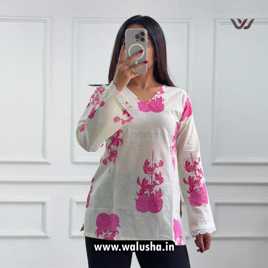 White And Pink Rose Motifs Pure Cotton Short Kurti