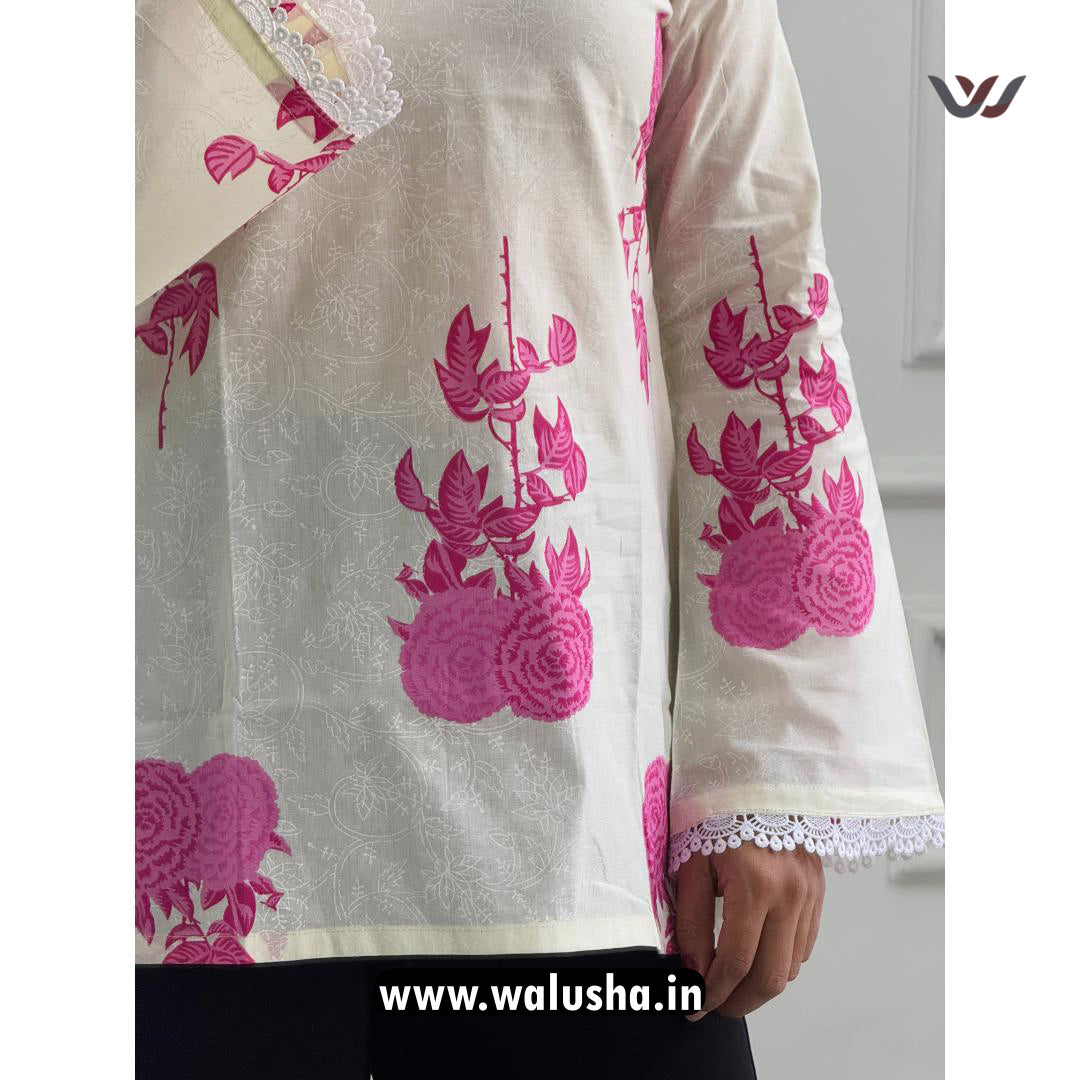 White And Pink Rose Motifs Pure Cotton Short Kurti