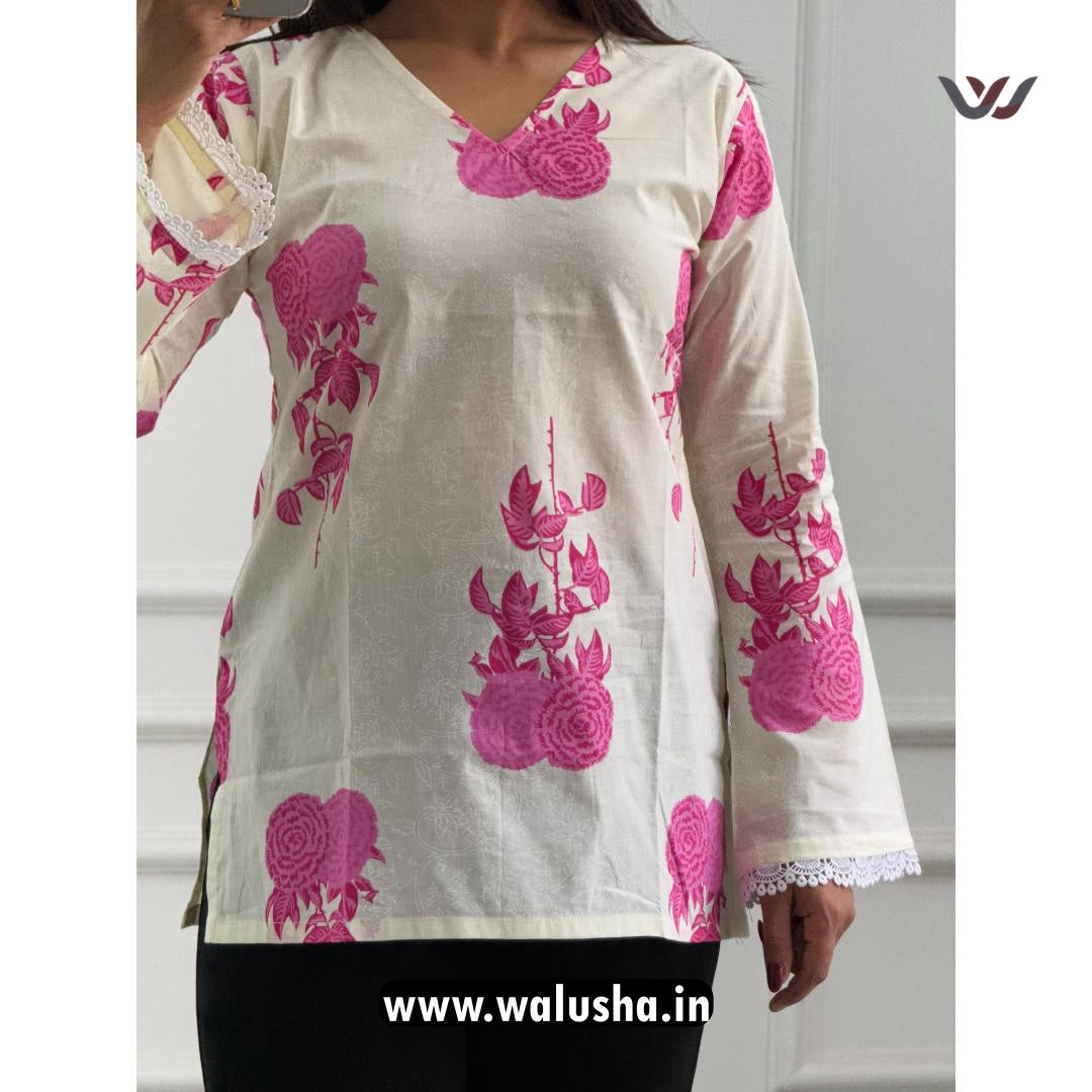 White And Pink Rose Motifs Pure Cotton Short Kurti