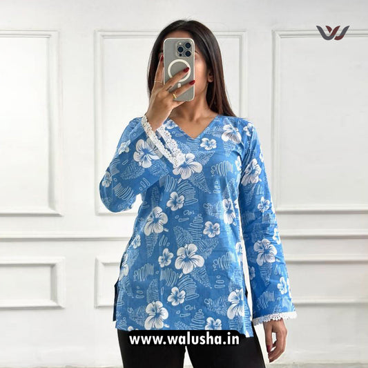 Blue Hibiscus Printed Pure Cotton Short Kurti