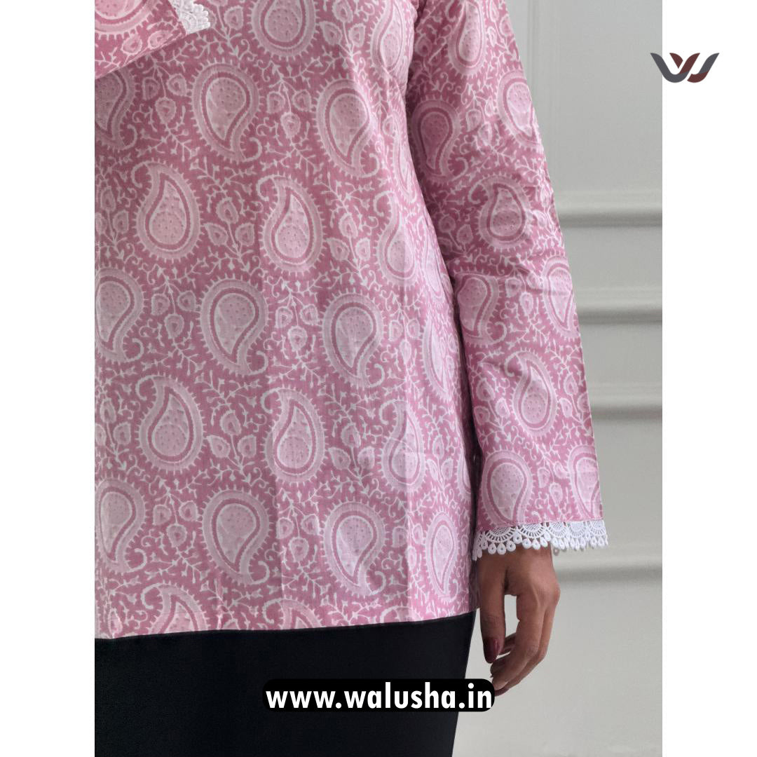 Pink Paisley Printed Pure Cotton Short Kurti