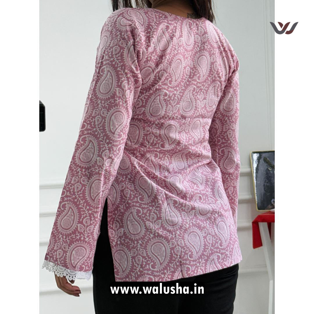 Pink Paisley Printed Pure Cotton Short Kurti