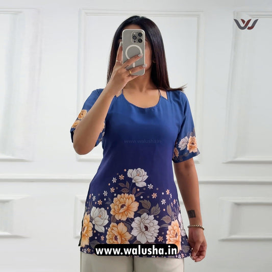 Navy Blue Blossom Printed Corset Back Short Kurti