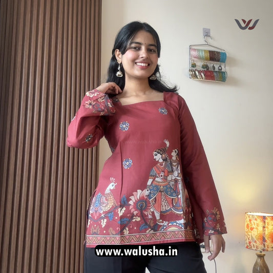 Maroon Kalamkari Printed Corset Back Short Kurti