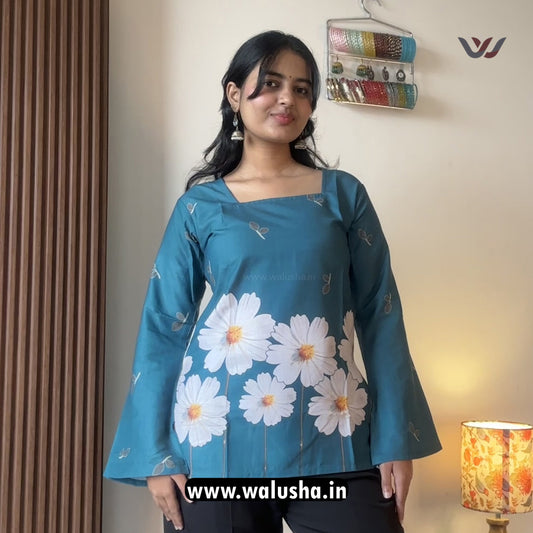 Stylish Teal Blue Floral Printed Corset Back Short Kurti