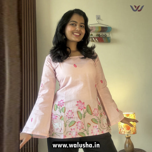 Blush Pink Lotus Printed Corset Back Short Kurti