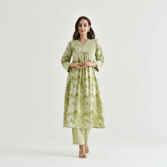 Lemon Moti Lace Work Cotton Kurti Set