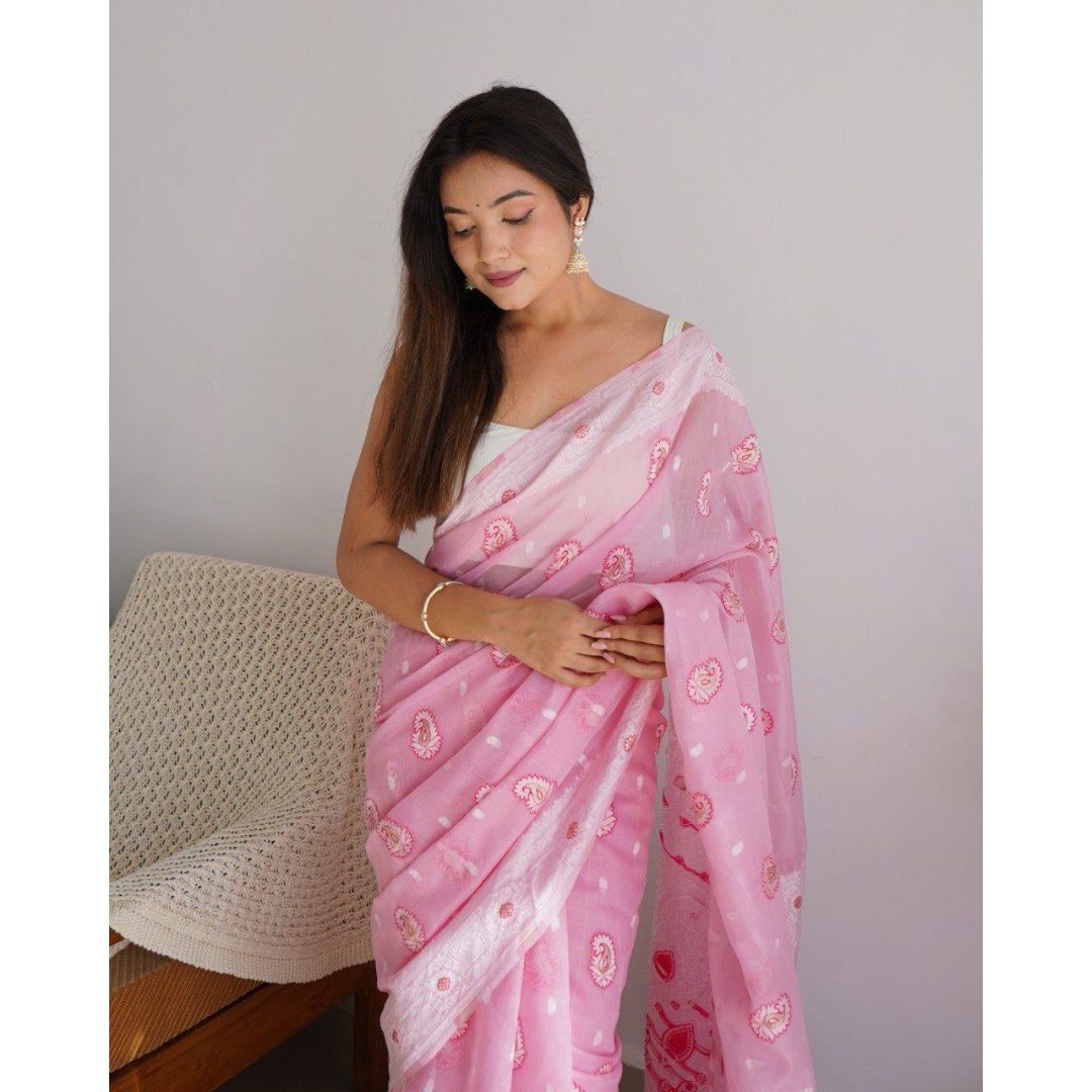 NEW LIGHT PINK LAKHANAVI WEAVING WORK WITH BADLA ZARI