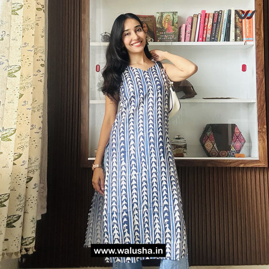 White And Blue Striped Floral Printed Kurti