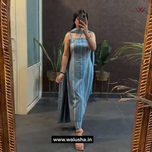 Blue Striped Sleeveless Cotton Kurta Set with Dupatta