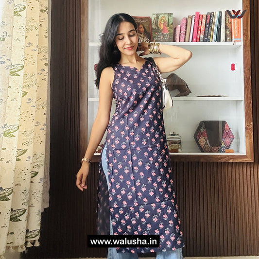 Navy Blue And Pink Floral Sleeveless Kurti