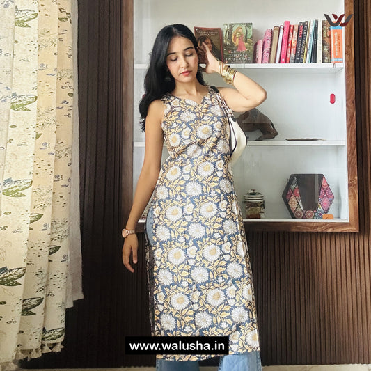 Grey And Mustard Floral Printed Sleeveless Kurti