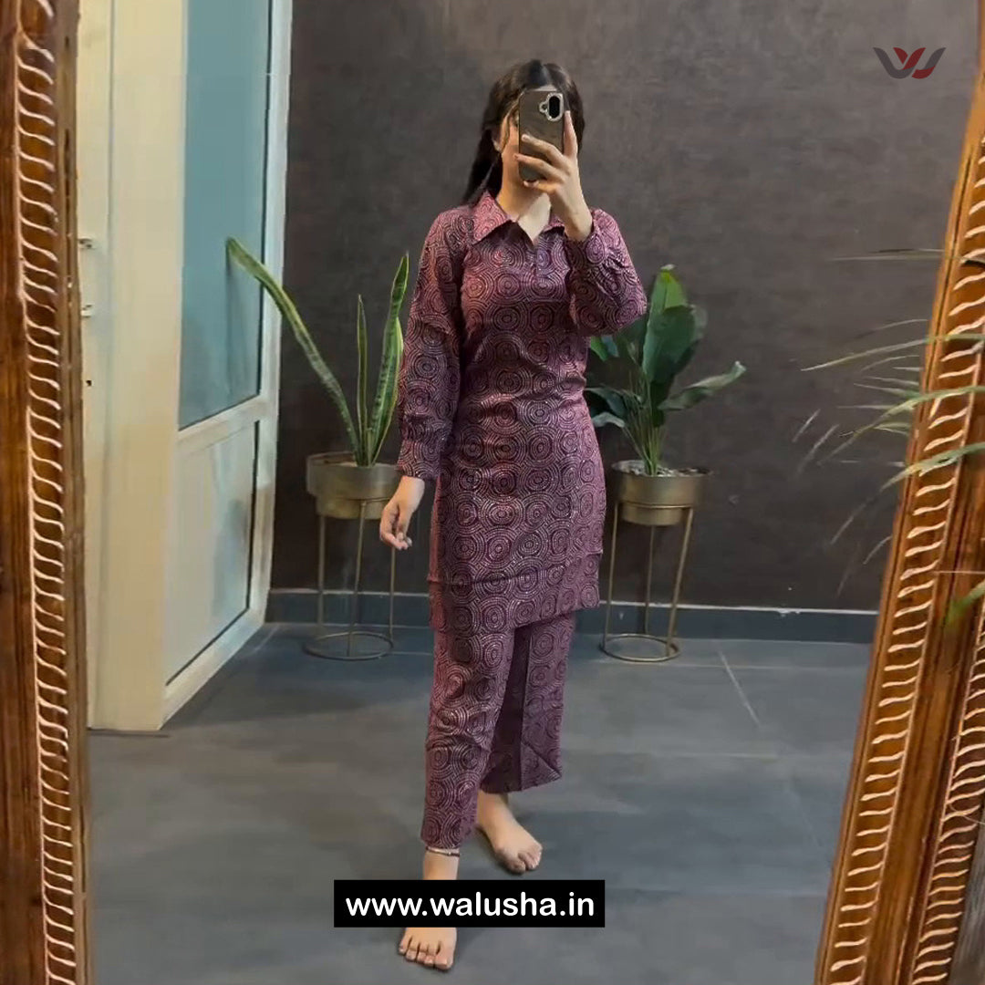 Marron And Black Spiral Pattern Printed Co Ord Set