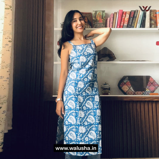 Walusha Blue Sleeveless Floral Printed Kurti